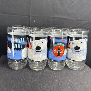 1995 Coca Cola 8 pc.  16 oz Always Cool Polar Bear  Beverage Set Indiana Glass